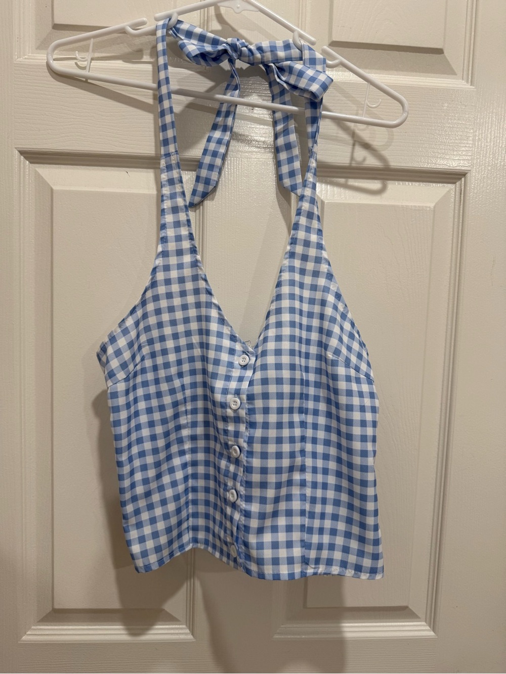 Forever 21 Blue and White Gingham Halter Button-Front Top